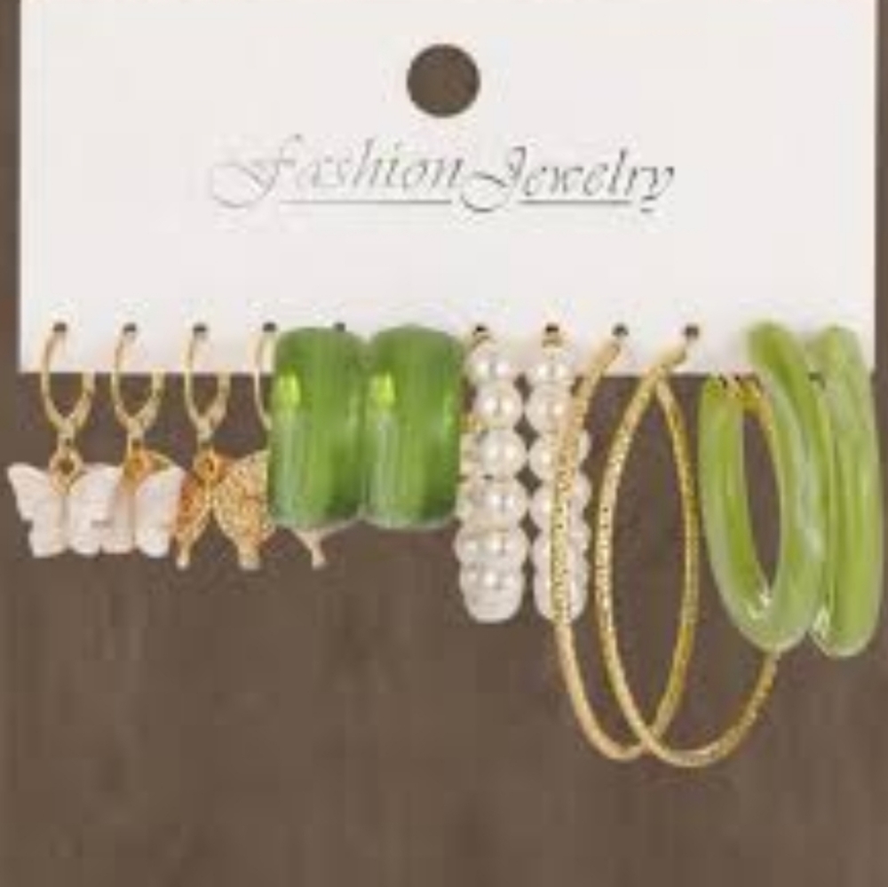 Mavi Gold Butterfly, Pearl, Jade Statement hoop earrings 6pk